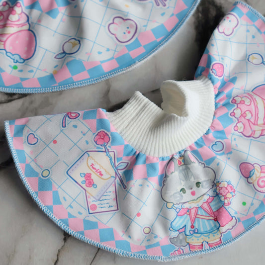 this shows a close up deatils of our valentines pet bib in blue.